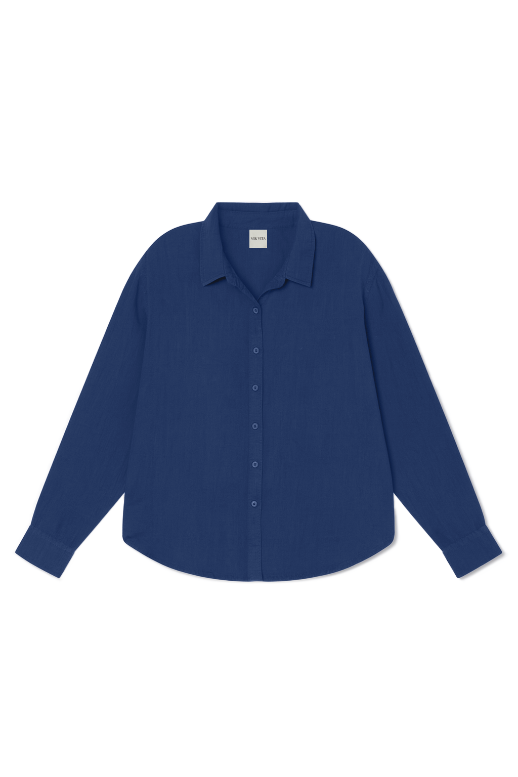 Flat image of a navy blue sustainable oversized 100% linen button down long sleeve- VIR VITA
#color_navy