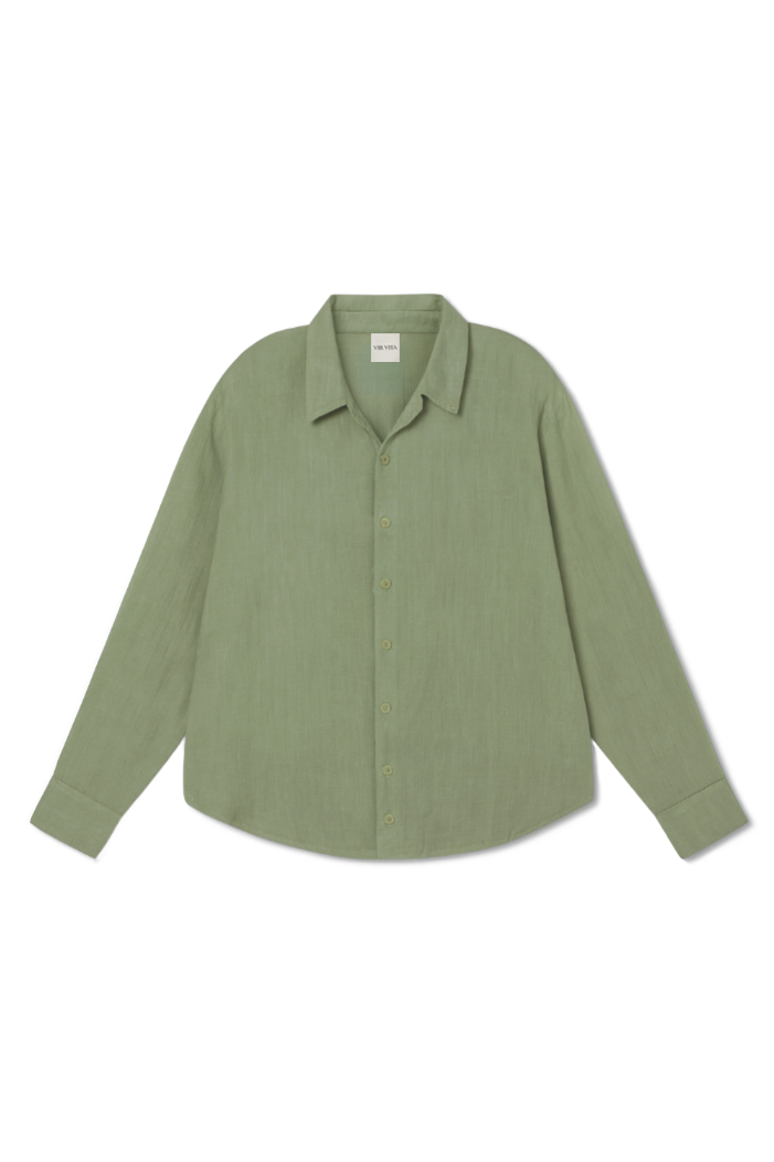 Flat image of a sage green colored sustainable oversized 100% linen button down long sleeve - VIR VITA
#color_sage