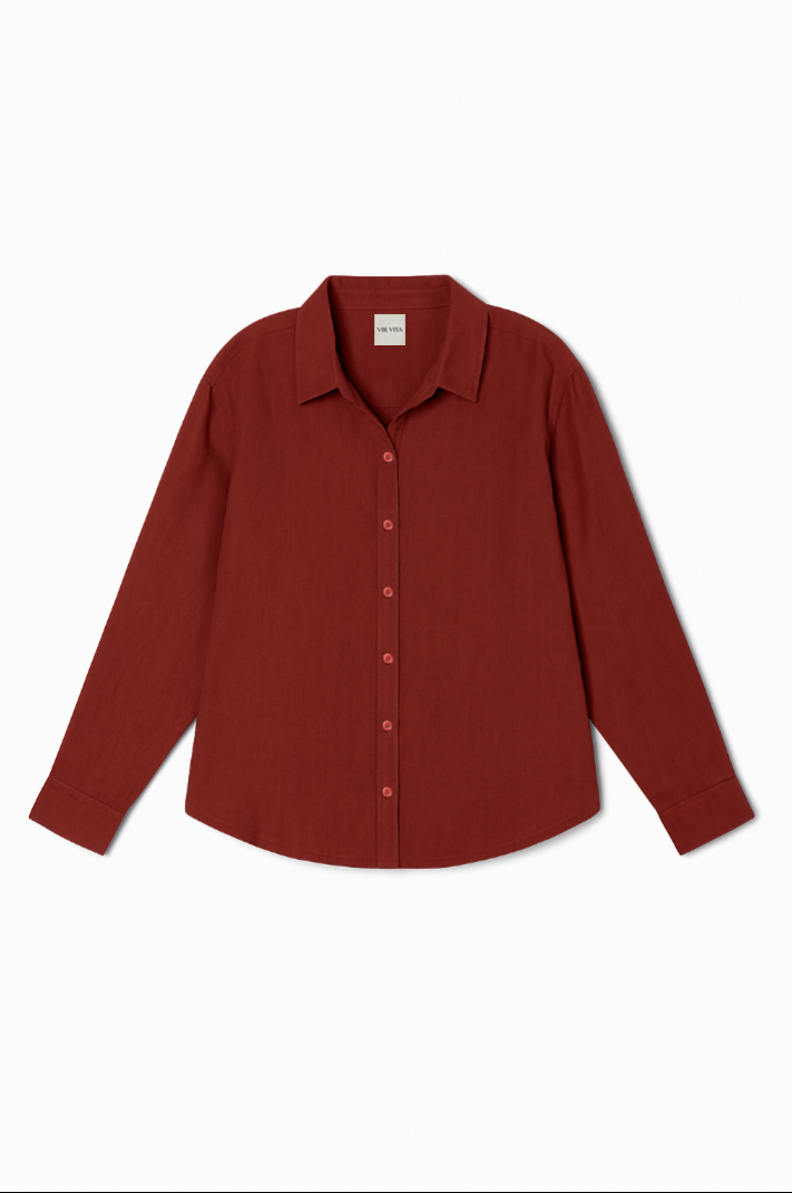 Flat image of a dark red colored sustainable oversized 100% linen button down long sleeve - VIR VITA
#color_sun dried tomato