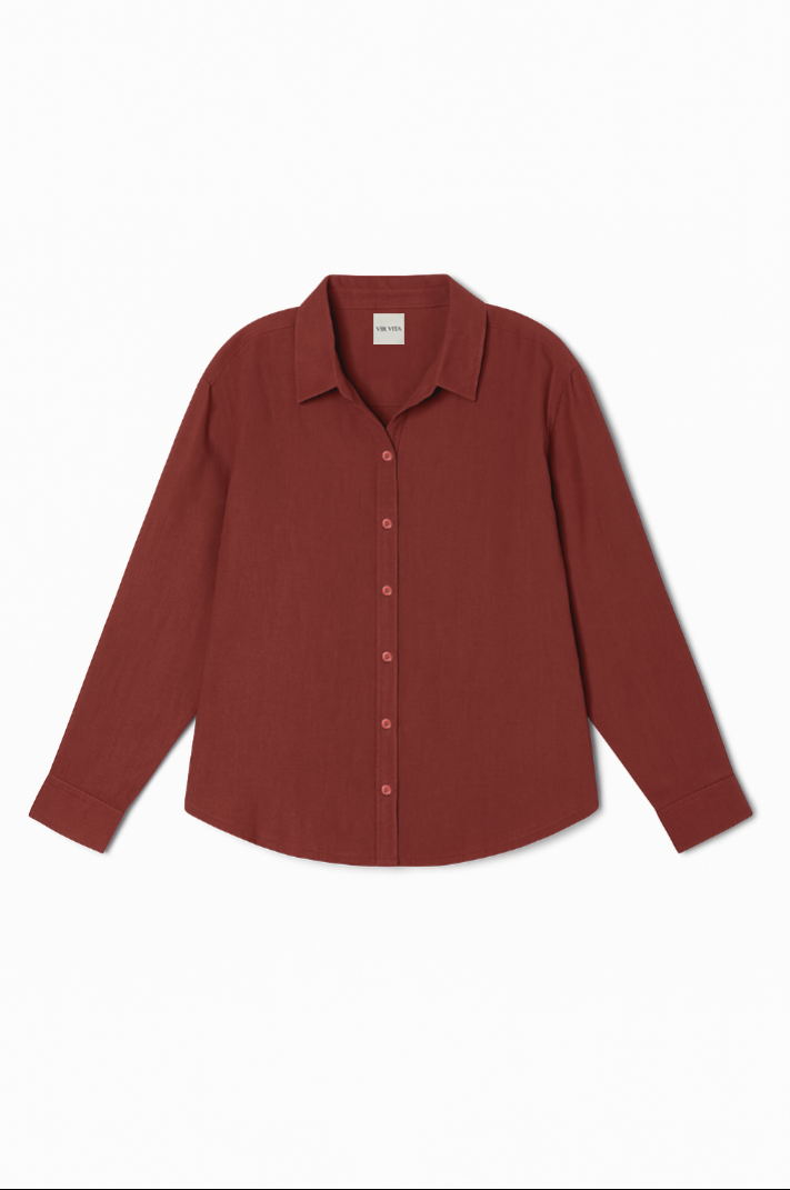 Flat image of a dark red colored sustainable oversized 100% linen button down long sleeve - VIR VITA
#color_sun dried tomato