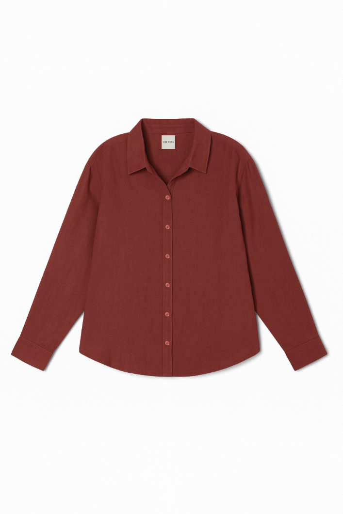 Flat image of a dark red colored sustainable oversized 100% linen button down long sleeve - VIR VITA
#color_sun dried tomato