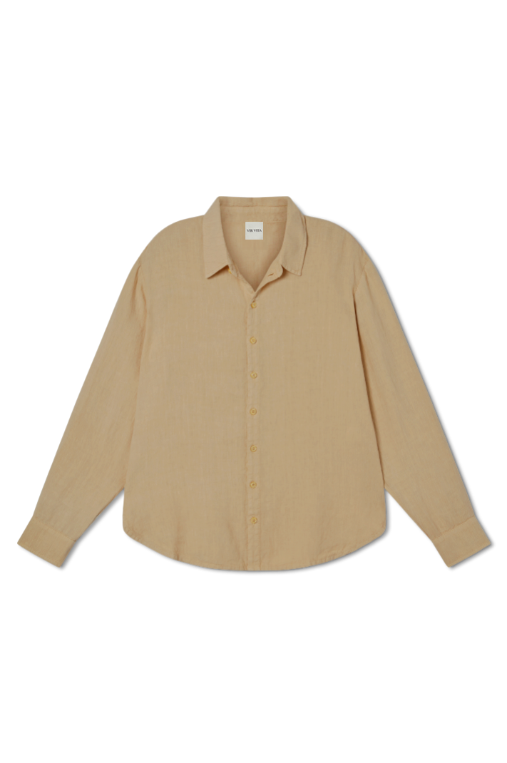 Flat image of a toffee beige sustainable oversized 100% linen button down long sleeve - VIR VITA
#color_toffee