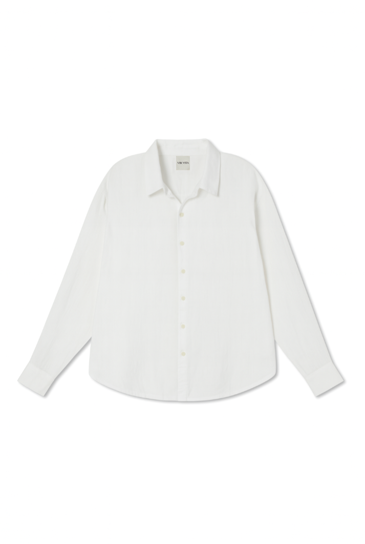 Flat image of a white sustainable oversized 100% linen button down long sleeve - VIR VITA
#color_white