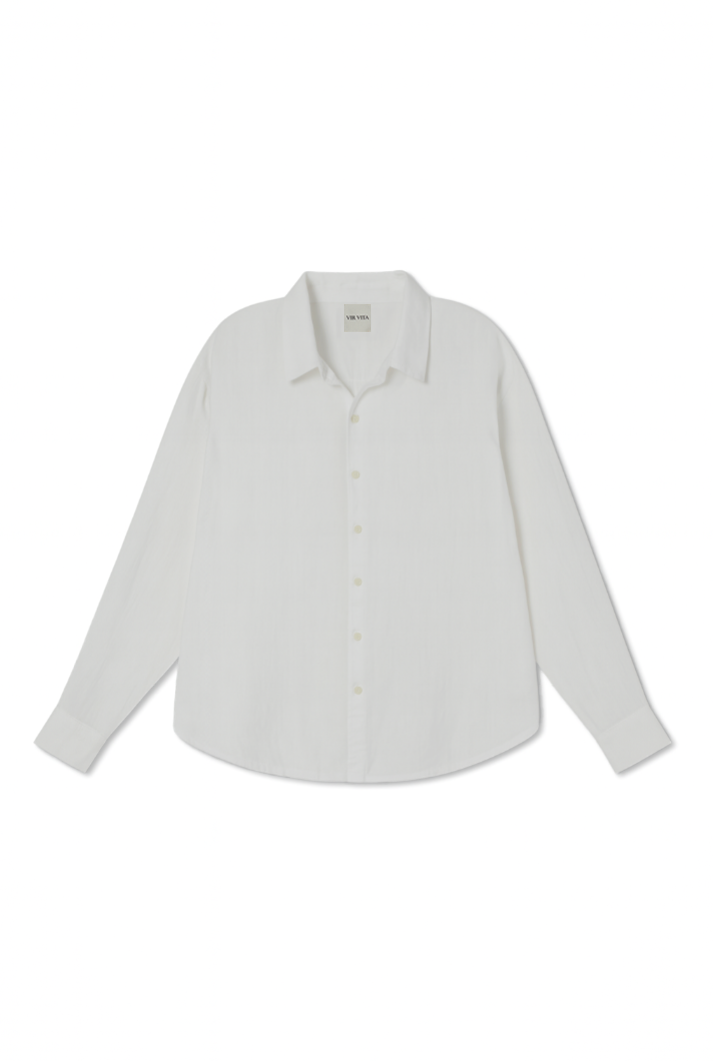 Flat image of a white sustainable oversized 100% linen button down long sleeve - VIR VITA
#color_white