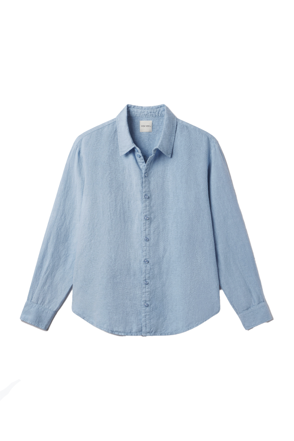 Flat image of light blue sustainable oversized 100% linen button down long sleeve - VIR VITA
#color_baby blue