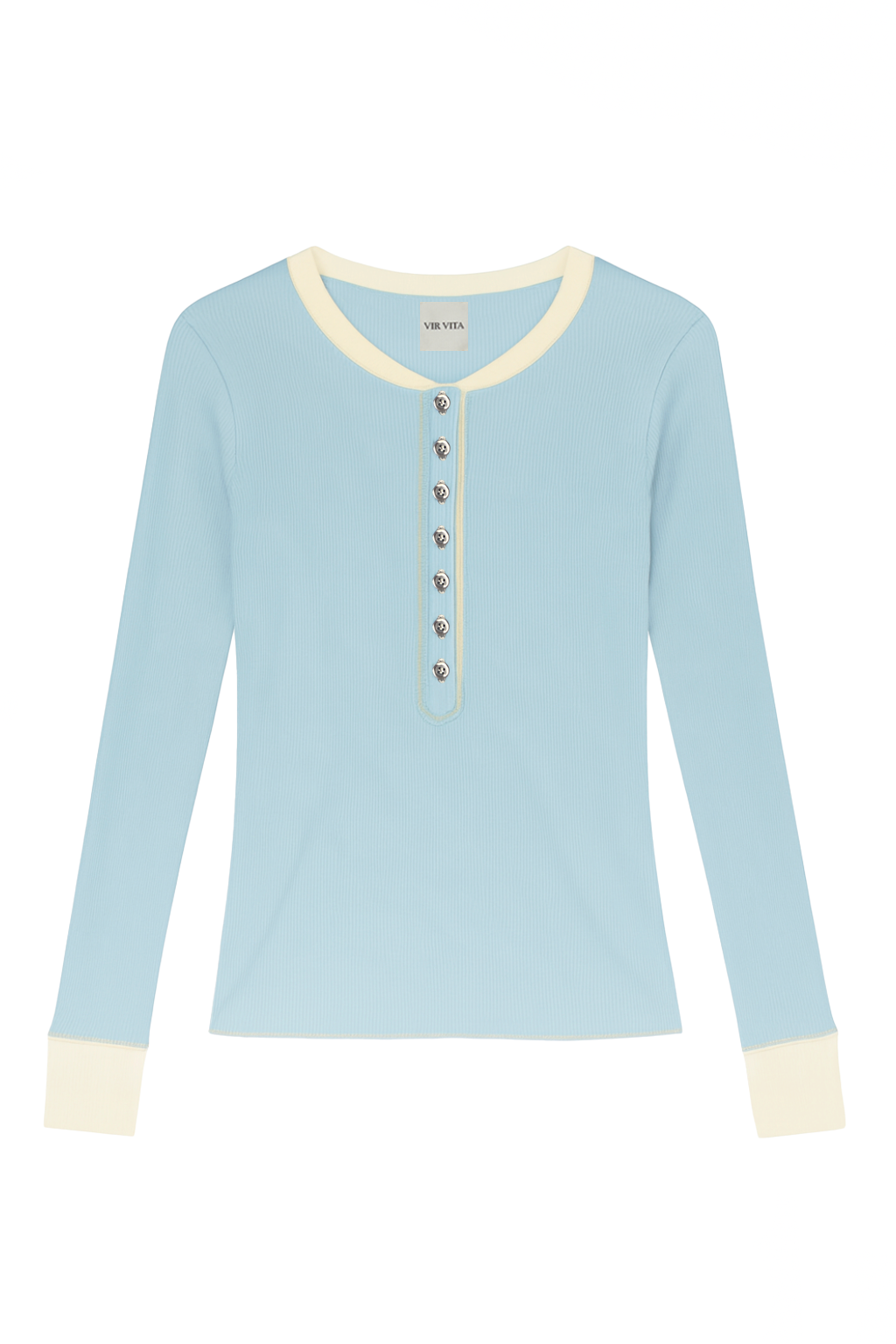 Flat image of a light blue sustainable micro modal long sleeve henley top with italian button detailing. Classic, timeless, elegant, french style. Natural organic clothing - VIR VITA
#color_baby blue