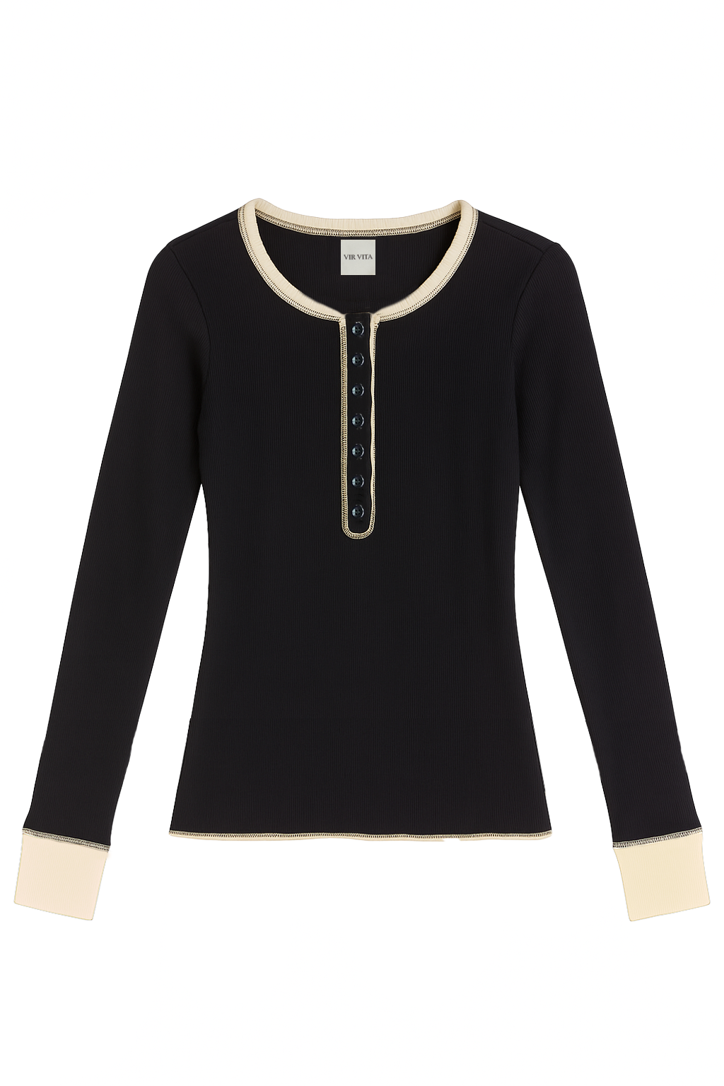 Flat image of a black sustainable micro modal long sleeve henley top with italian button detailing. Classic, timeless, elegant, french style. Natural organic clothing - VIR VITA
#color_black
