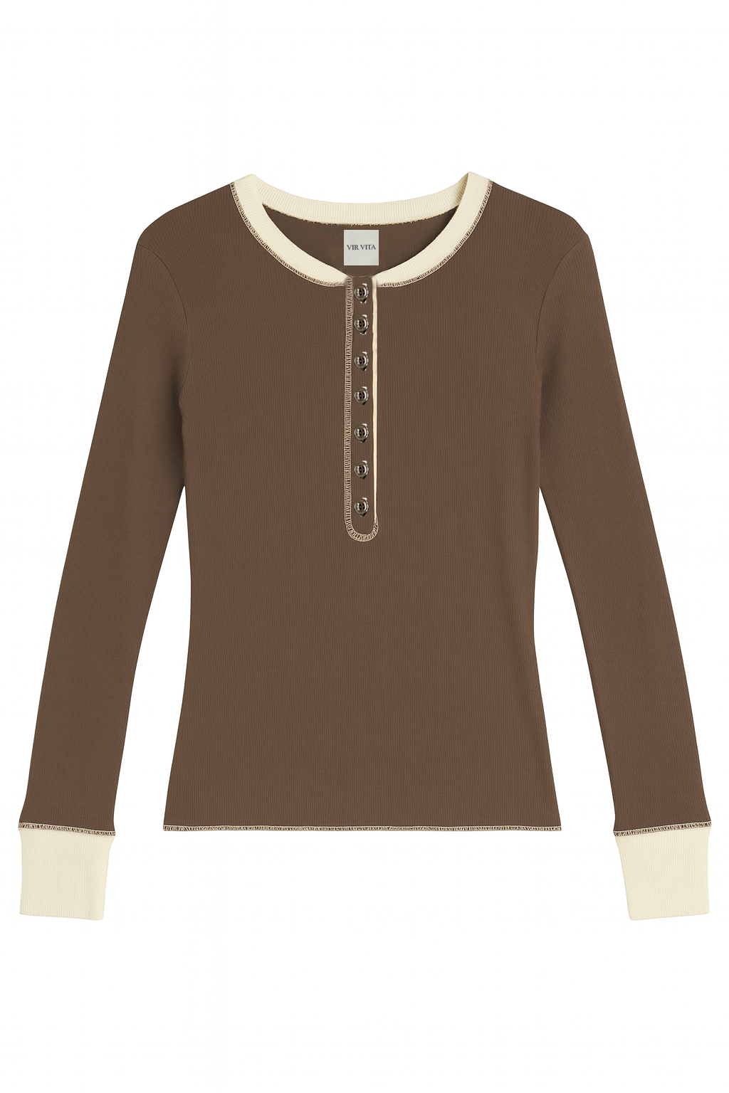 Flat image of a dark brown sustainable micro modal long sleeve henley top with italian button detailing. Classic, timeless, elegant, french style. Natural organic clothing - VIR VITA
#color_chestnut