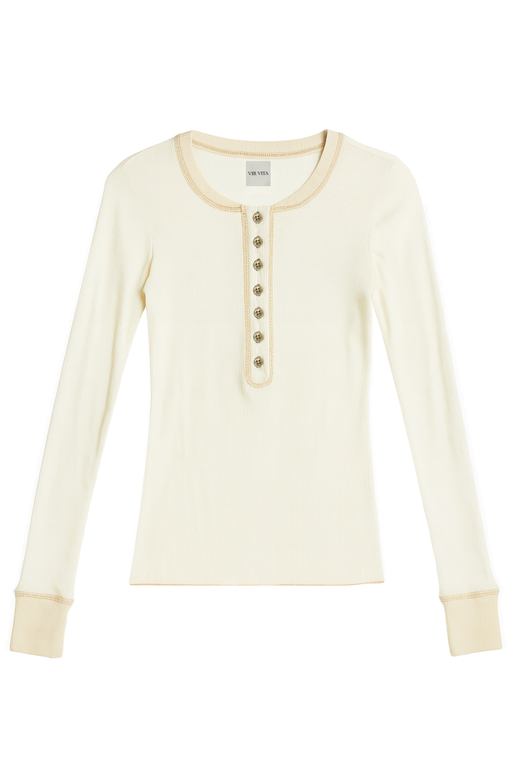 Flat image of a white sustainable micro modal long sleeve henley top with italian button detailing. Classic, timeless, elegant, french style. Natural organic clothing - VIR VITA
#color_coconut