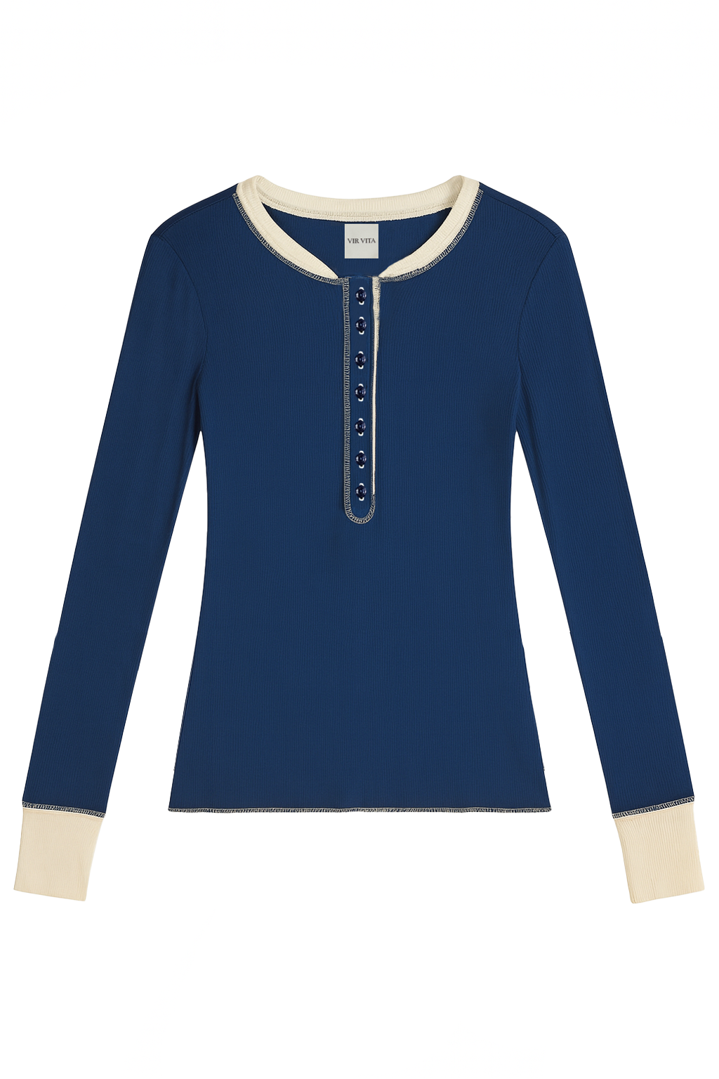 Flat image of a navy blue sustainable micro modal long sleeve henley top with italian button detailing. Classic, timeless, elegant, french style. Natural organic clothing - VIR VITA
#color_navy