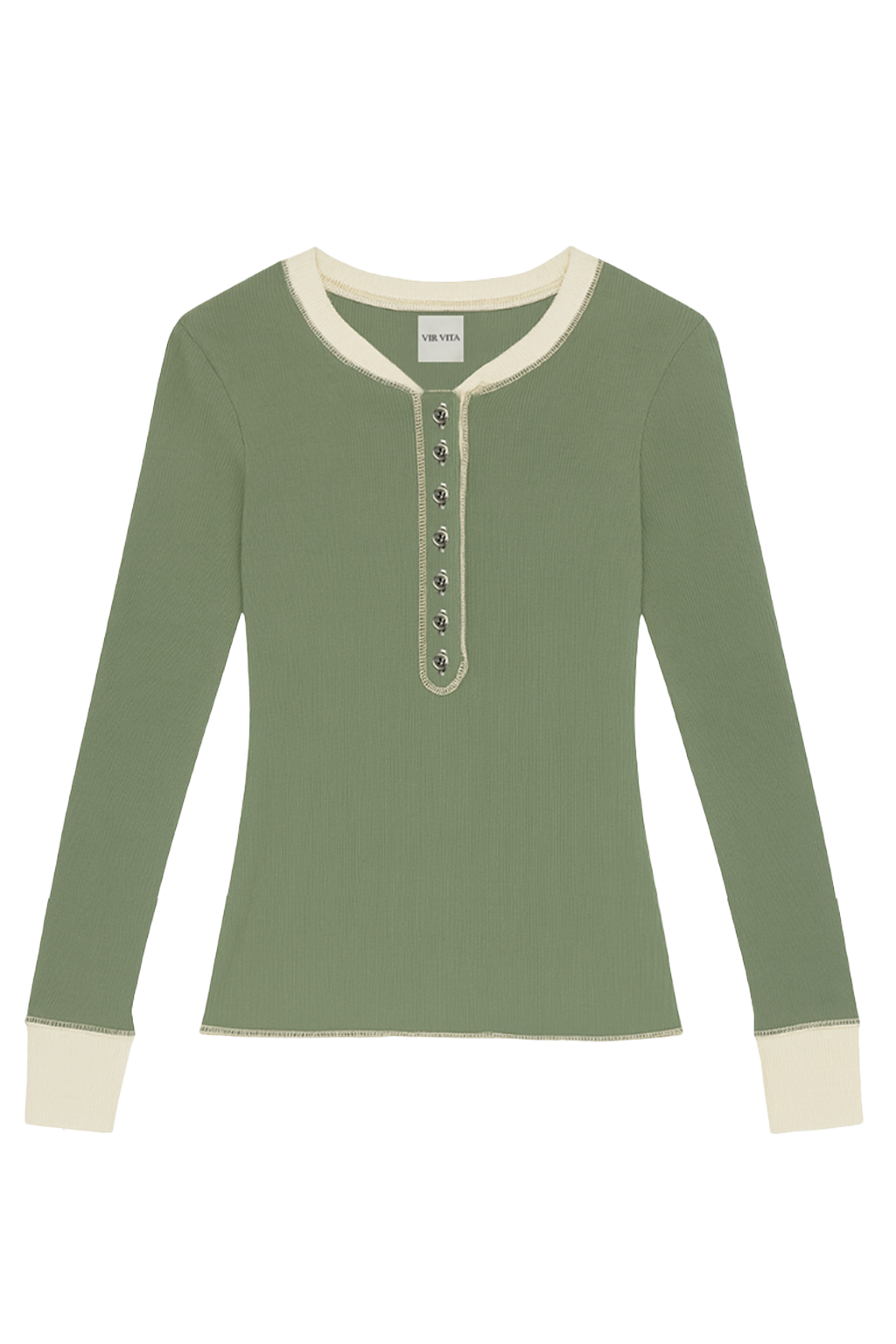 Flat image of a sage green sustainable micro modal long sleeve henley top with italian button detailing. Classic, timeless, elegant, french style. Natural organic clothing - VIR VITA
#color_sage