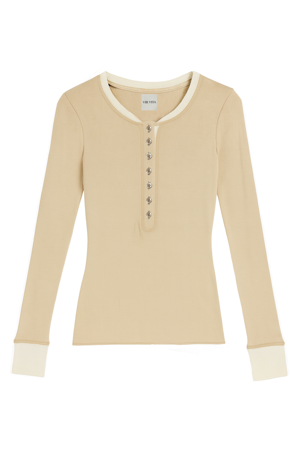 Flat image of a beige sustainable micro modal long sleeve henley top with italian button detailing. Classic, timeless, elegant, french style. Natural organic clothing - VIR VITA
#color_toffee