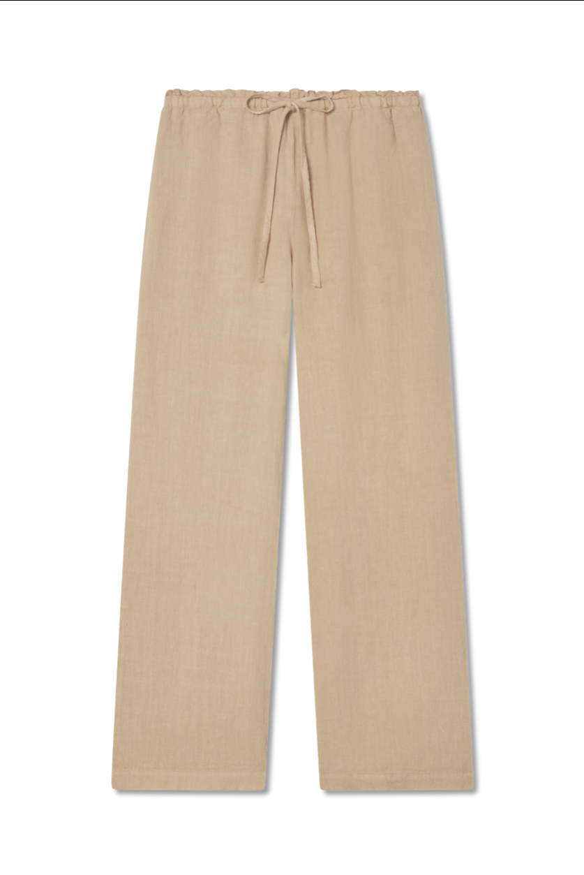 Flat image of a sustainable beige drawstring 100% linen pants featuring a straight leg fit - VIR VITA
#color_beige