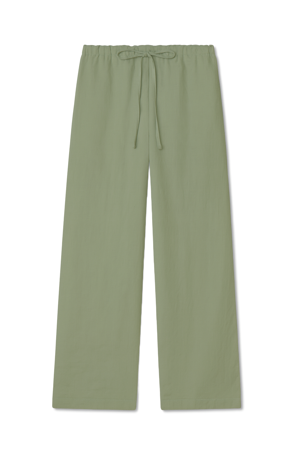 Flat image of sustainable sage green drawstring 100% linen pants featuring a straight leg fit- VIR VITA
#color_sage