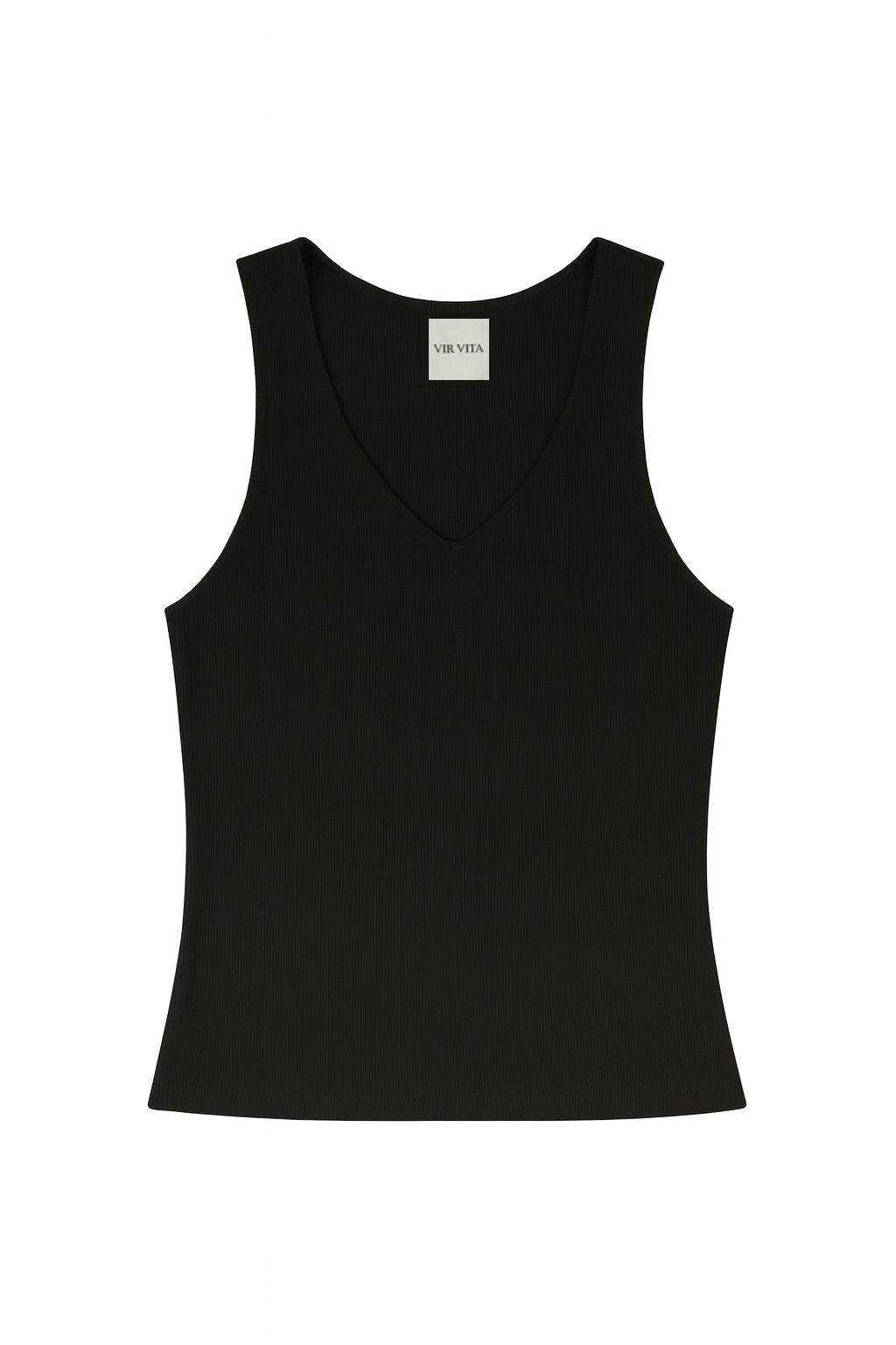 Flat image of a black sustainable micro modal ribbed double lined tank top with unique U neckline - VIR VITA
#color_black