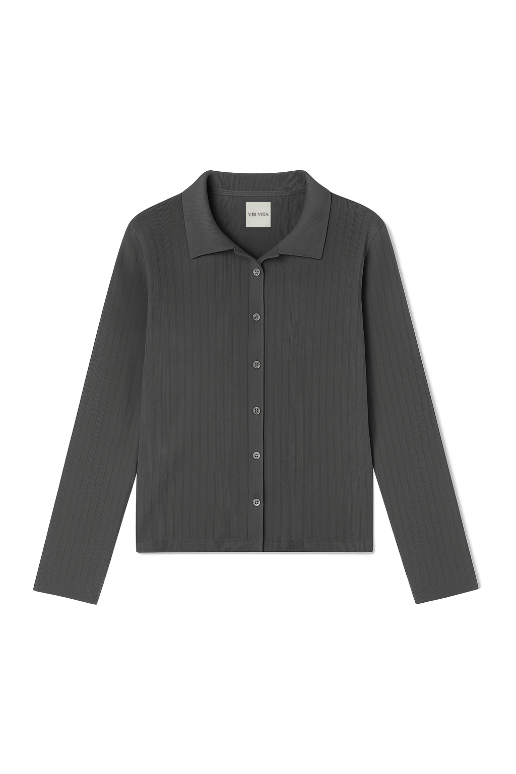 Sustainable 100% cotton dark grey pointelle relaxed cardigan with collar and matching italian buttons. Classic, timeless, elegant, french style. Natural organic clothing - VIR VITA
#color_stone grey