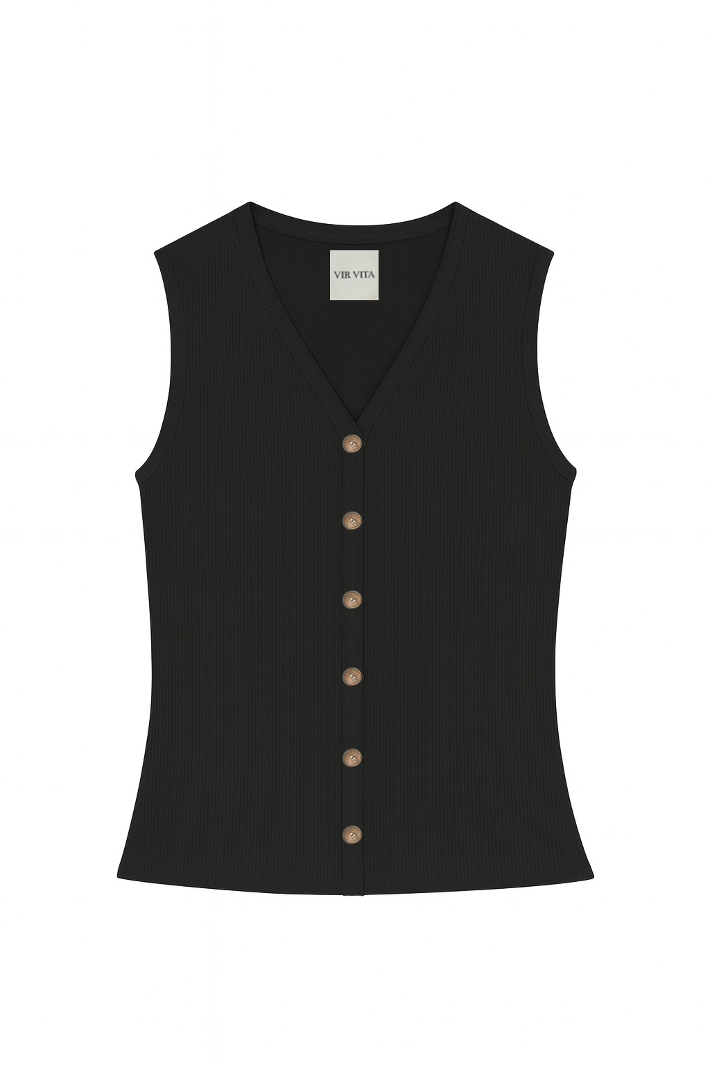 Flat image of a sustainable supima cotton black ribbed vest with italian buttons Classic, timeless, elegant, french style. Natural organic clothing - VIR VITA
#color_black