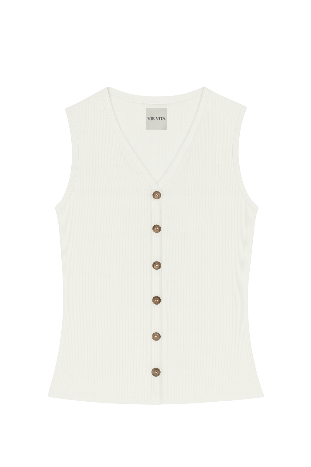 Flat image of a sustainable supima cotton white ribbed vest with italian buttons Classic, timeless, elegant, french style. Natural organic clothing - VIR VITA
#color_white