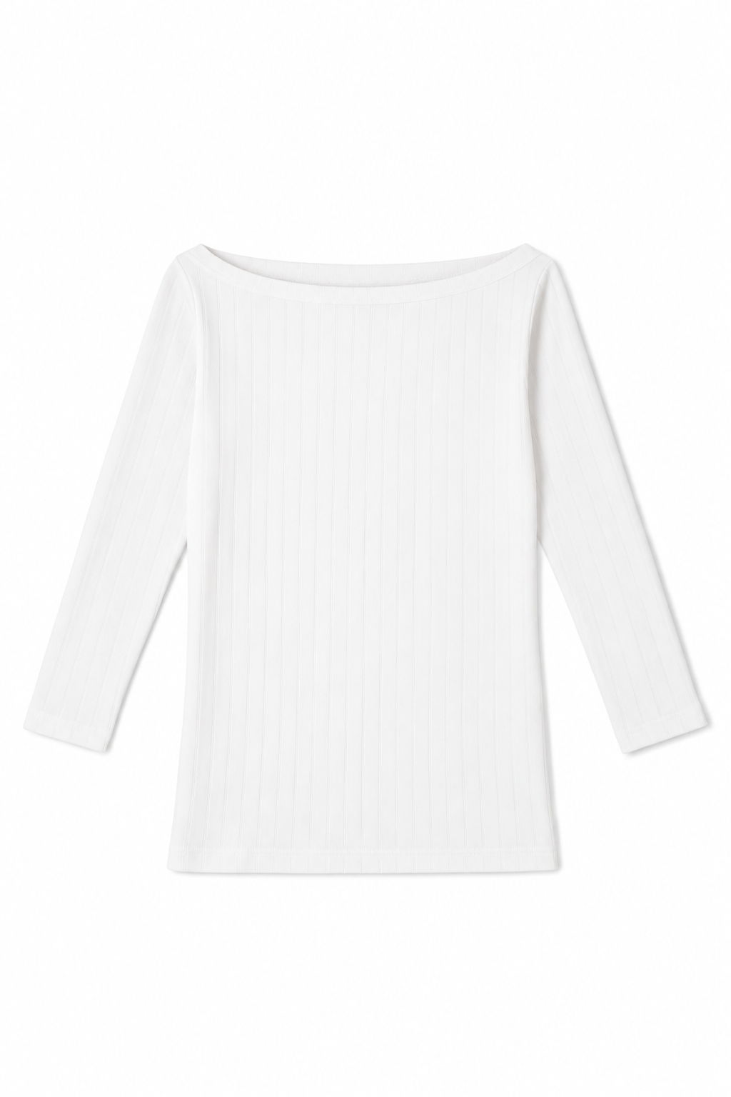 White pointelle cotton top with a wide boat neckline, long sleeves, and fitted silhouette. - VIR VITA
#color_coconut