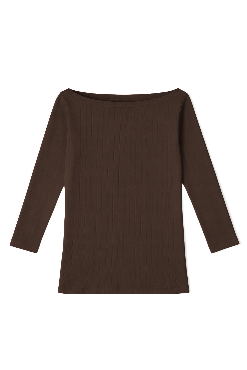 Deep brown cotton pointelle top featuring a feminine boat neck and slim long sleeve fit. - VIR VITA
#color_espresso