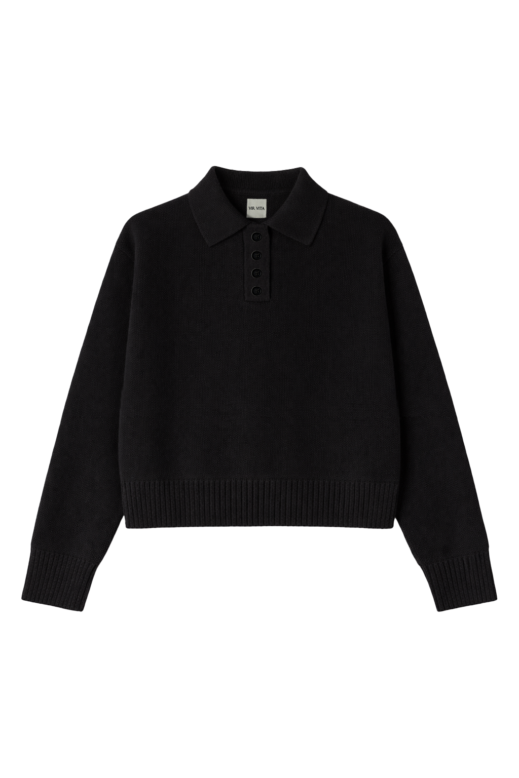 Flat image of a black polo sweater crafted from soft cashmere. Designed with a structured collar, shoulder, and four-button front closure for a timeless look. - VIR VITA
#color_black