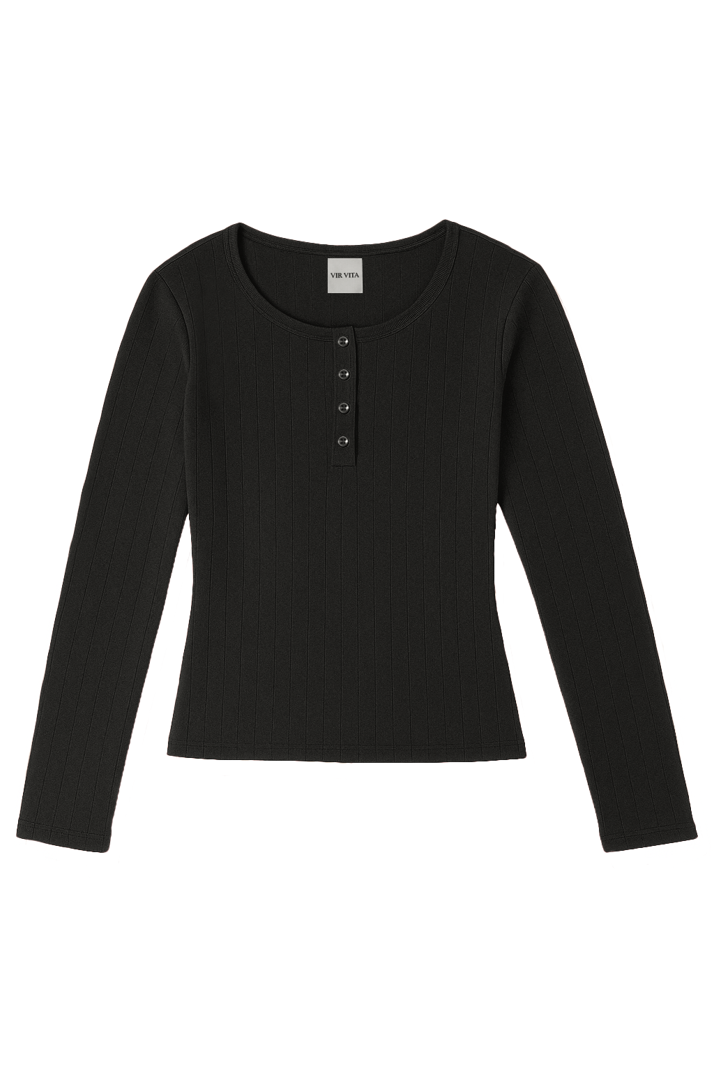 Flat image of a black cotton pointelle henley long sleeve top with matching buttons - VIR VITA
#color_black