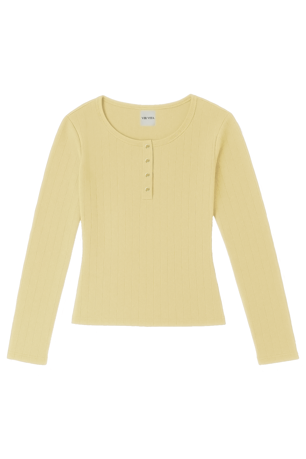Flat image of a pale yellow cotton pointelle henley long sleeve top with matching buttons - VIR VITA
#color_butter