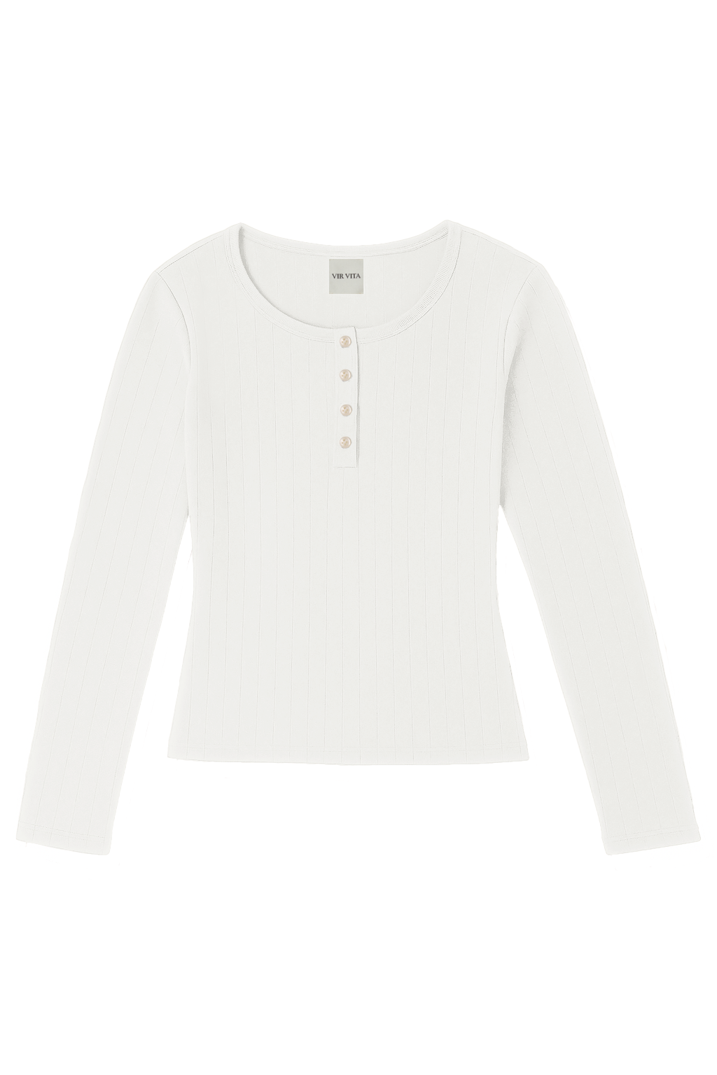 Flat image of a white cotton pointelle henley long sleeve top with matching buttons - VIR VITA
#color_coconut