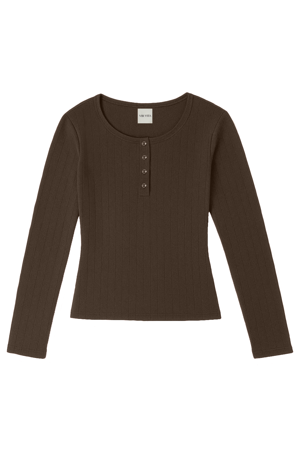 Flat image of a dark brown cotton pointelle henley long sleeve top with matching buttons - VIR VITA
#color_espresso