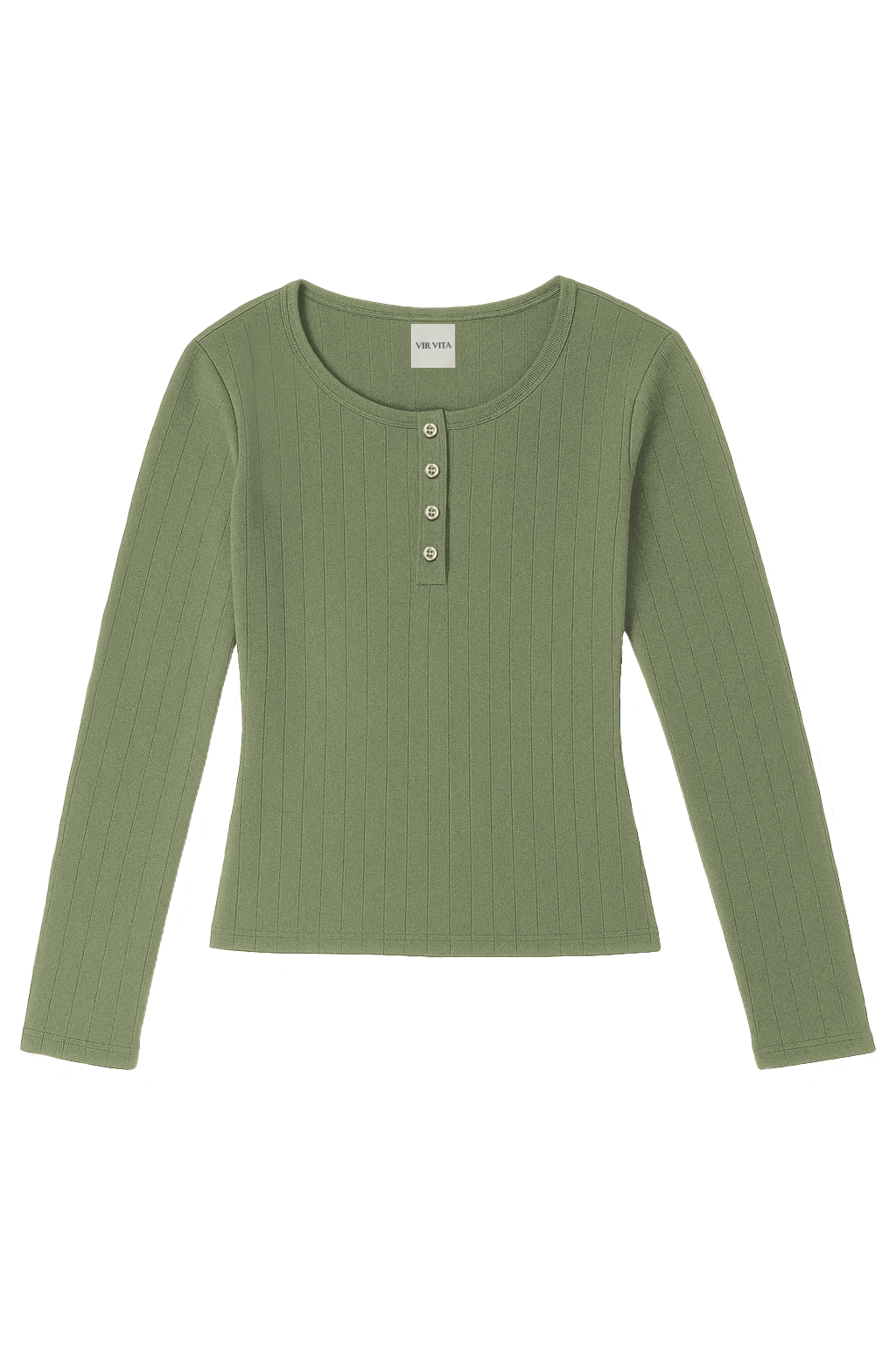 Flat image of a sage green cotton pointelle henley long sleeve top with matching buttons - VIR VITA
#color_sage