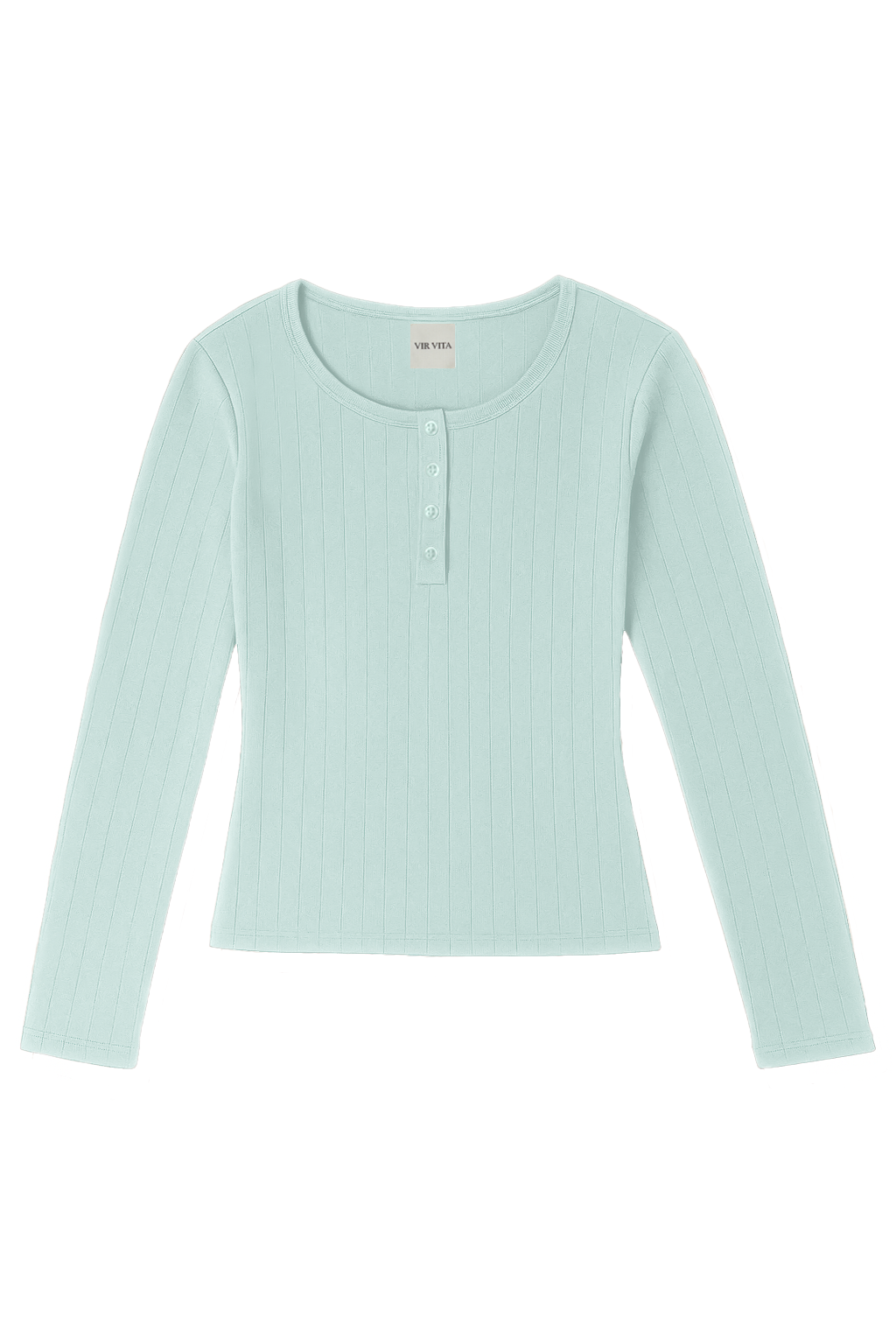 Flat image of a light turquoise cotton pointelle henley long sleeve top with matching buttons - VIR VITA
#color_sea glass