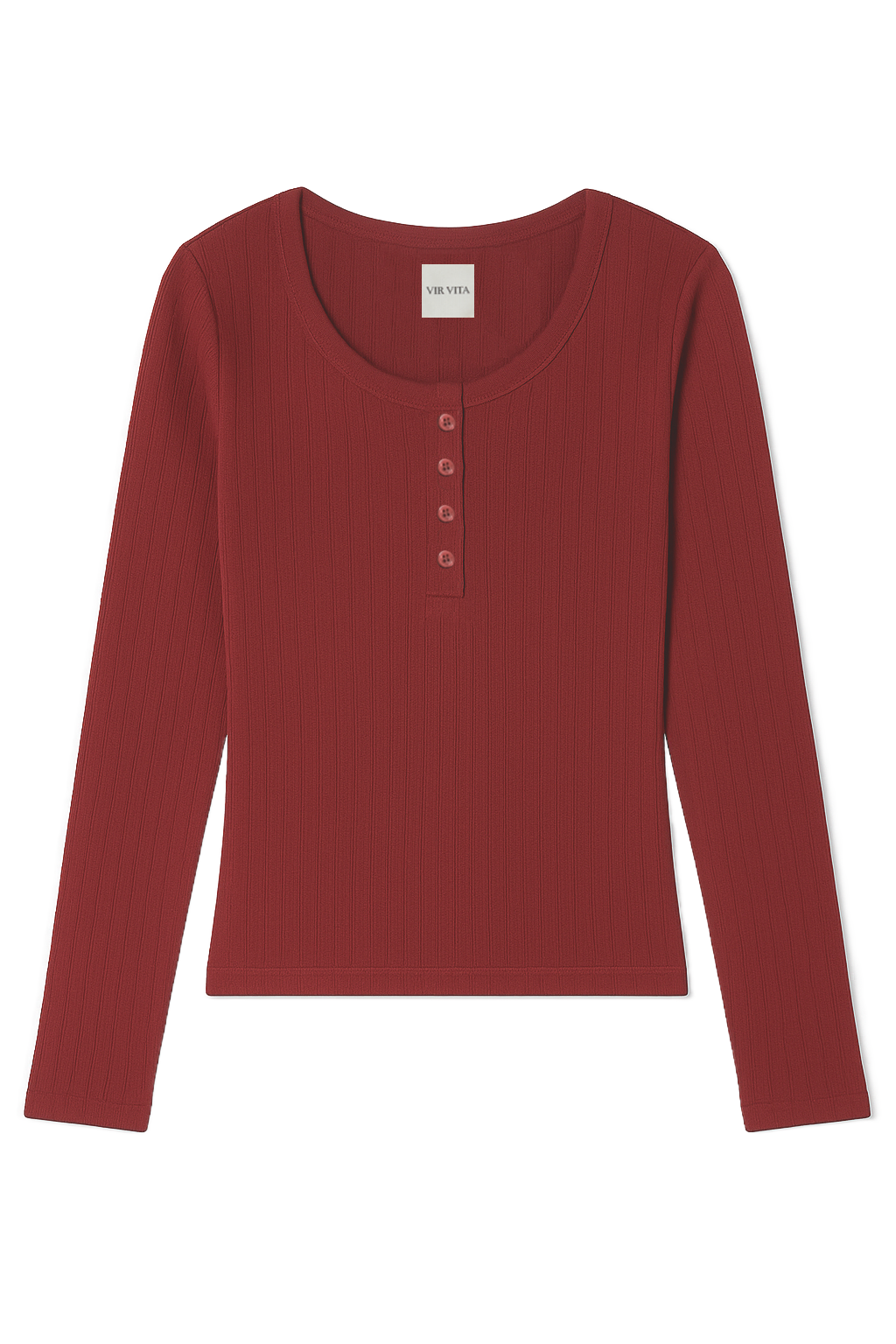 Flat image of a dark red cotton pointelle henley long sleeve top with matching buttons - VIR VITA
#color_sun dried tomato