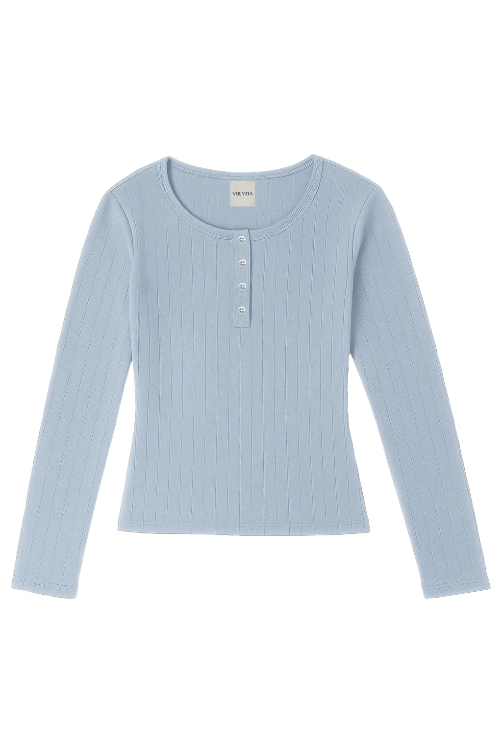 Flat image of a light blue cotton pointelle henley long sleeve top with matching buttons - VIR VITA
#color_vintage blue