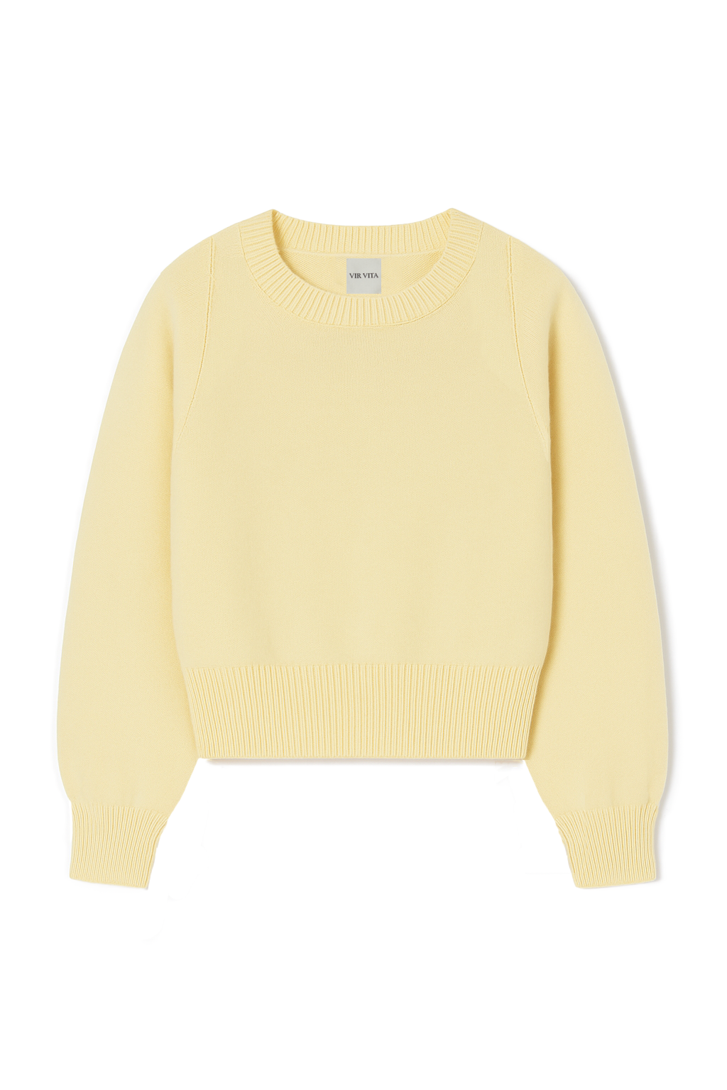 Flat image of a pale yellow luxurious and soft cashmere pullover sweater with a classic and relaxed silhouette - VIR VITA
#color_butter