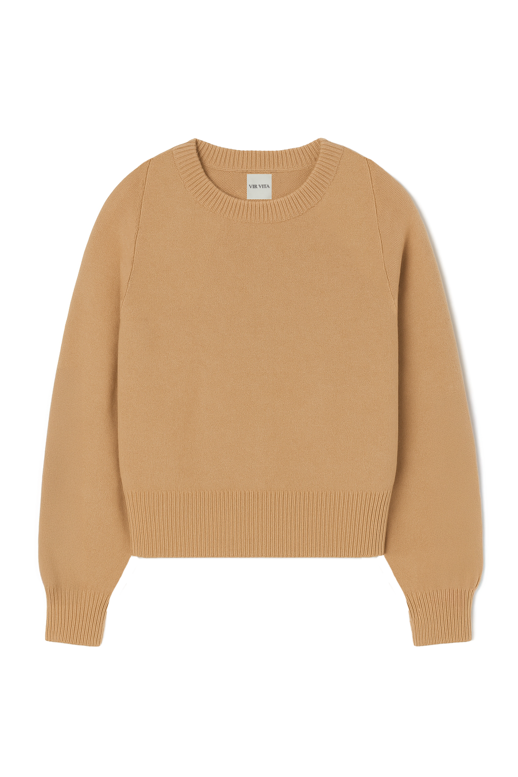 Flat image of a light brown luxurious and soft cashmere pullover sweater with a classic and relaxed silhouette - VIR VITA
#color_desert