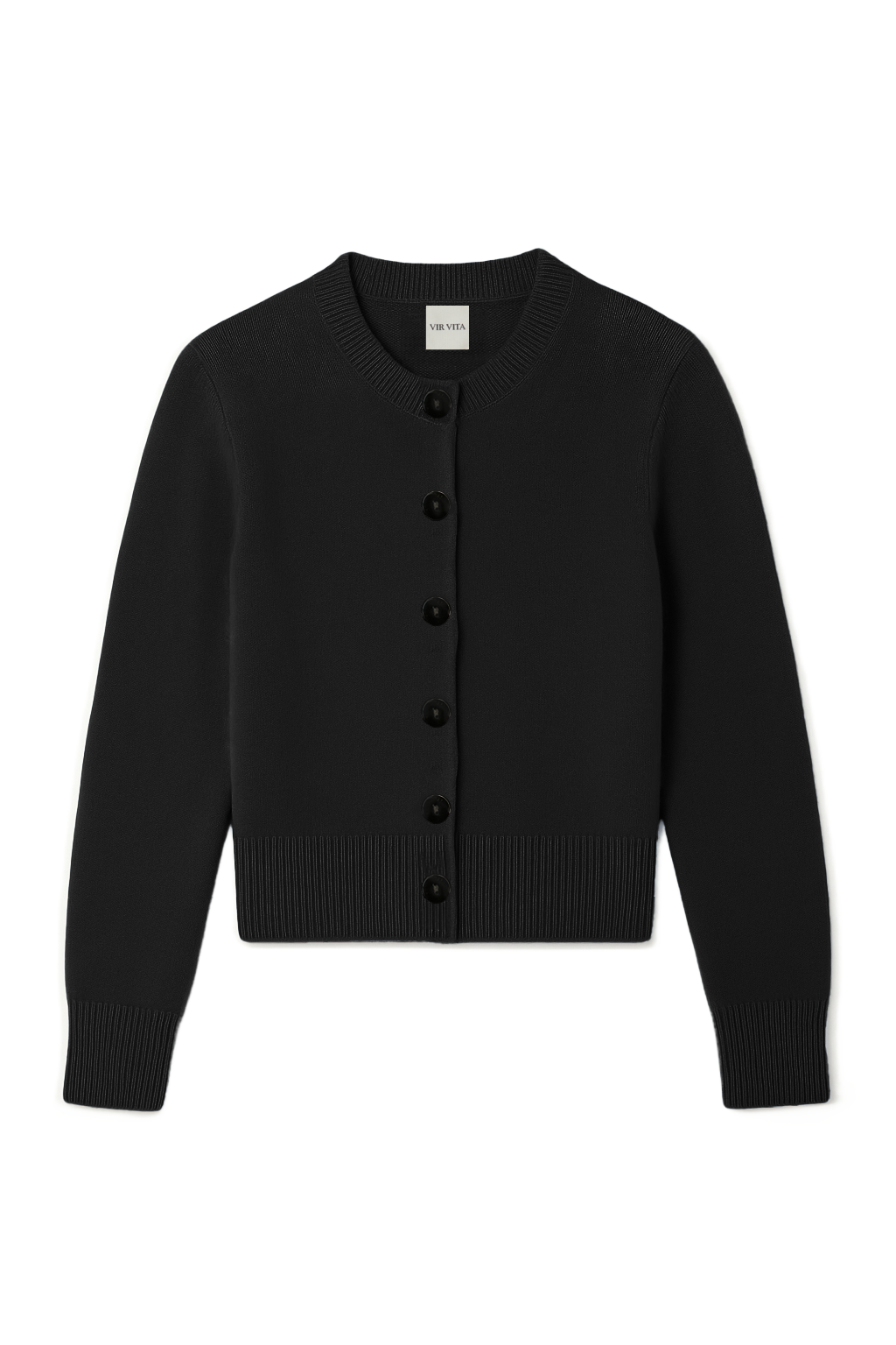 Flat image of a black ultra-soft luxurious cashmere button up cardigan - VIR VITA
#color_black