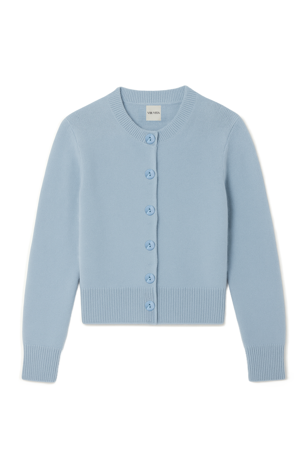 Flat image of a light blue ultra-soft luxurious cashmere button up cardigan - VIR VITA
#color_vintage blue