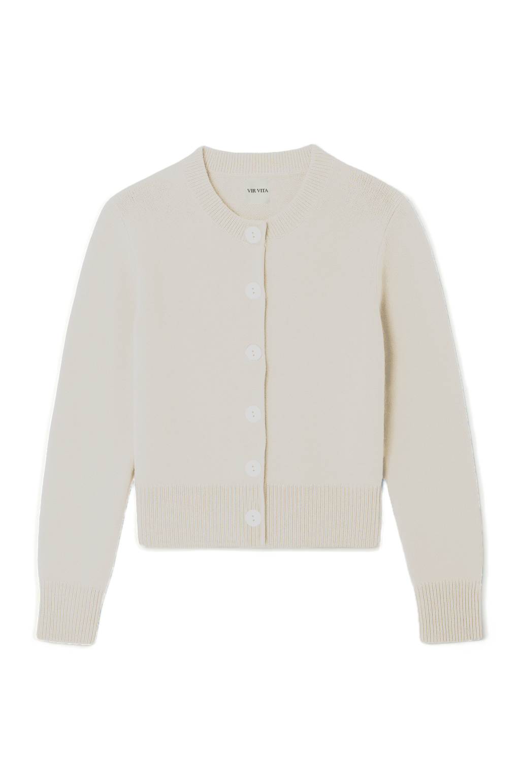 Flat image of a white ultra-soft luxurious cashmere button up cardigan - VIR VITA
#color_bone