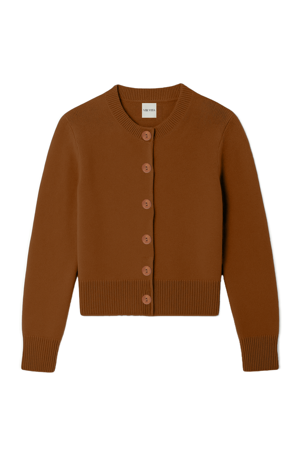 Flat image of a brown ultra-soft luxurious cashmere button up cardigan - VIR VITA
#color_fawn