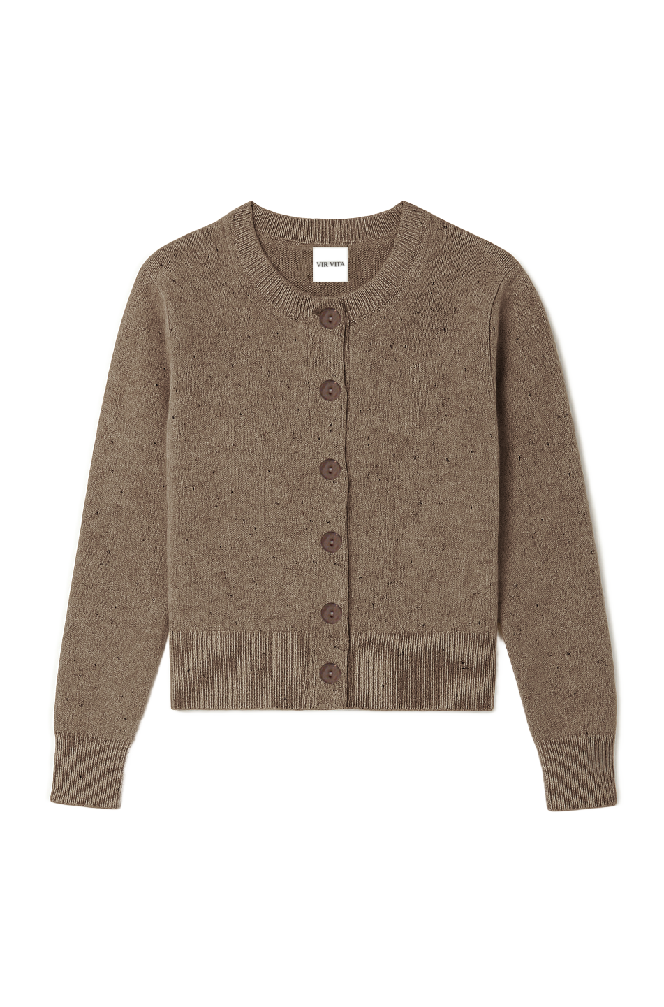 Flat image of a light brown ultra-soft luxurious cashmere button up cardigan - VIR VITA
#color_walnut