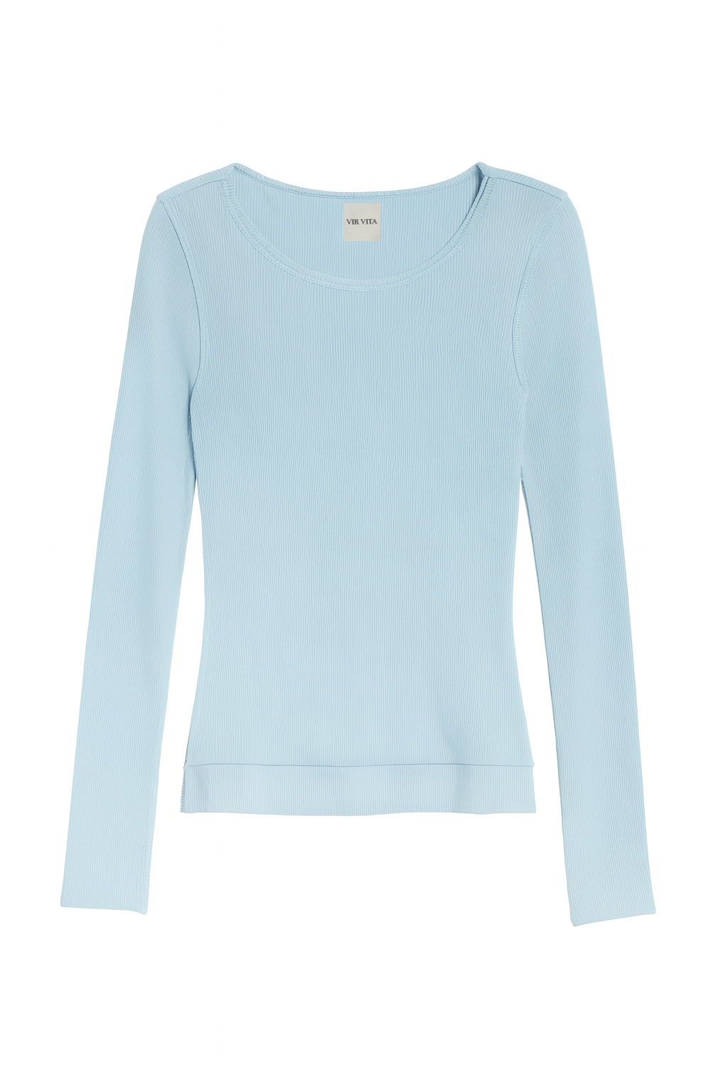Flat image of a sustainable micro modal light blue buttery soft double lined long sleeve ribbed top. Classic, timeless, elegant, french style. natural organic clothing- VIR VITA
#color_baby blue