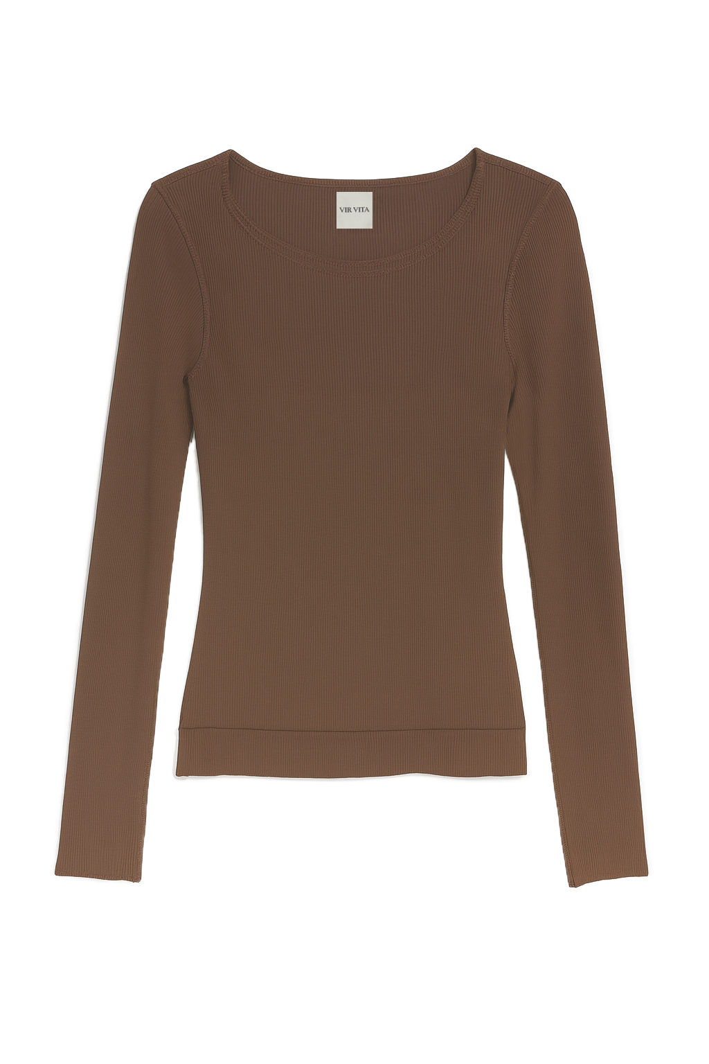Flat image of a sustainable micro modal dark brown buttery soft double lined long sleeve ribbed top. Classic, timeless, elegant, french style. natural organic clothing- VIR VITA
#color_chestnut
