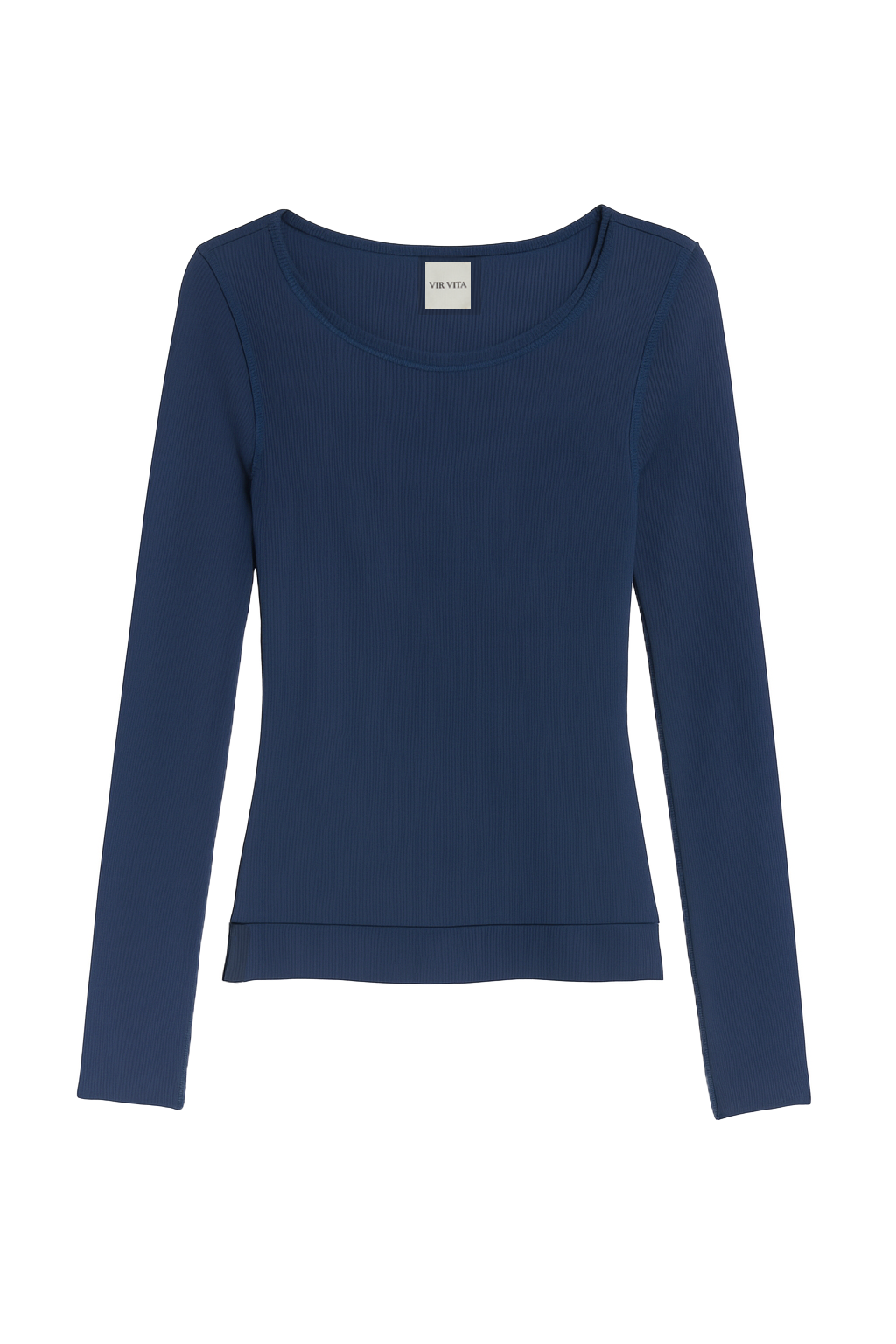Flat image of a sustainable micro modal navy blue buttery soft double lined long sleeve ribbed top. Classic, timeless, elegant, french style. natural organic clothing- VIR VITA
#color_navy