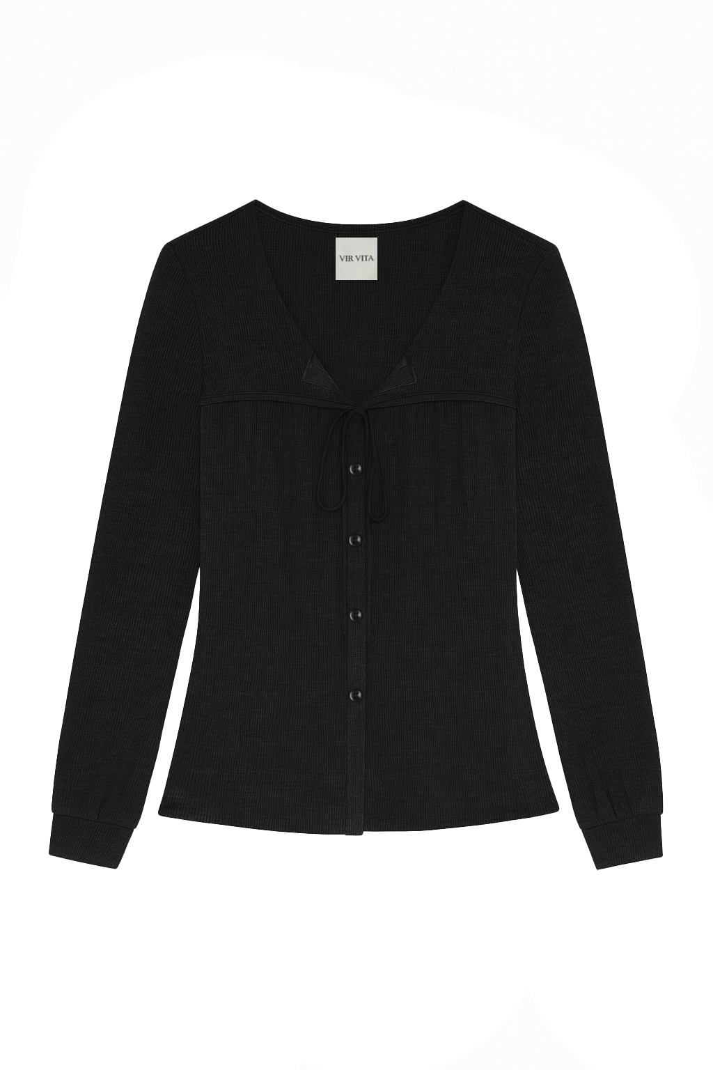 Flat image of a sustainable micro modal black buttery soft long sleeve ribbed top with tie and italian button. Romantic top, Classic, timeless, elegant, french style. natural organic clothing- VIR VITA
#color_black