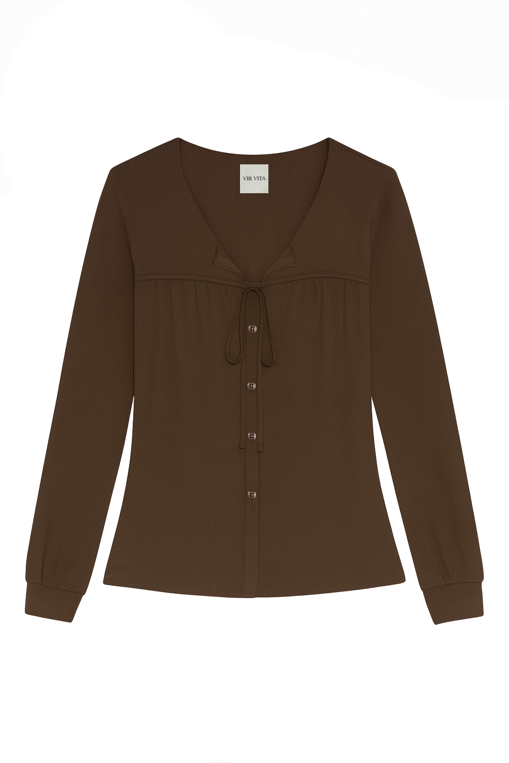 Flat image of a sustainable micro modal dark brown buttery soft long sleeve ribbed top with tie and italian button. Romantic top, Classic, timeless, elegant, french style. natural organic clothing- VIR VITA
#color_chestnut