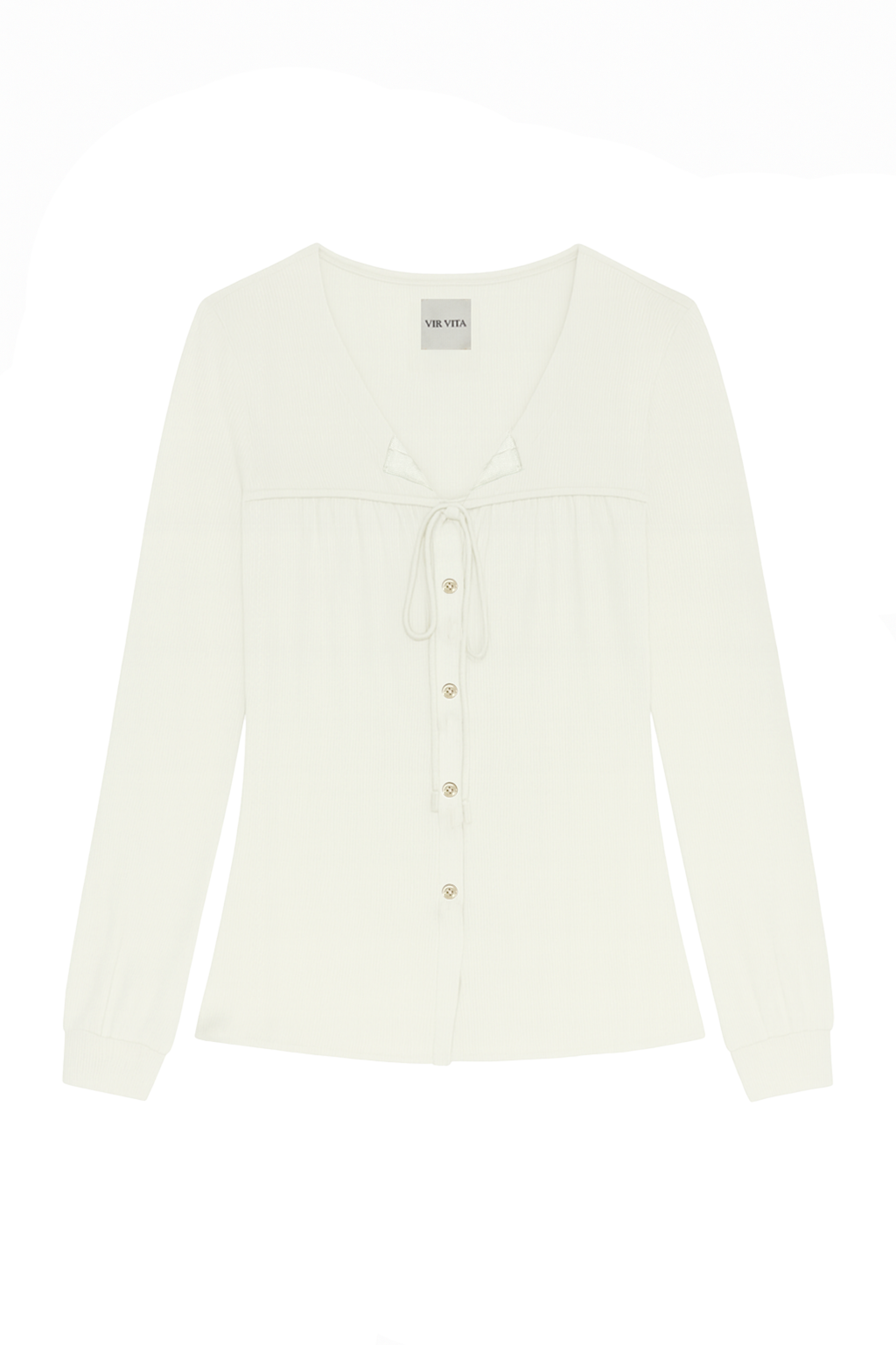 Flat image of a sustainable micro modal white buttery soft long sleeve ribbed top with tie and italian button. Romantic top, Classic, timeless, elegant, french style. natural organic clothing- VIR VITA
#color_coconut