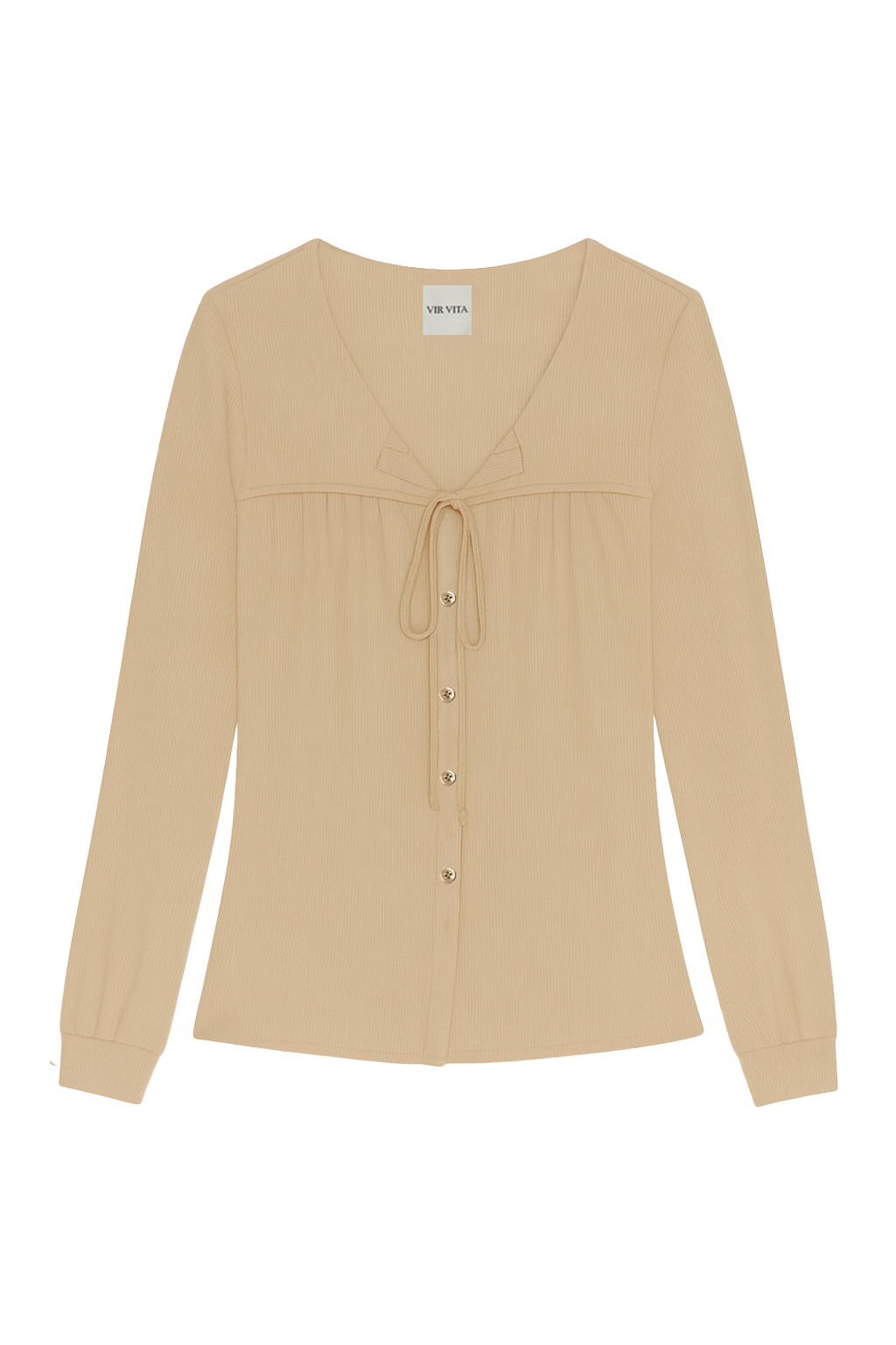 Flat image of a sustainable micro modal beige buttery soft long sleeve ribbed top with tie and italian button. Romantic top, Classic, timeless, elegant, french style. natural organic clothing- VIR VITA
#color_toffee