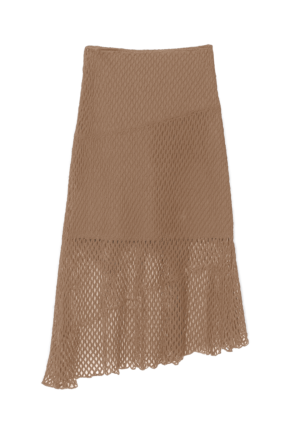 Flat image of an exquisite crochet skirt featuring an asymmetrical silhouette in light brown - VIR VITA
#color_bark