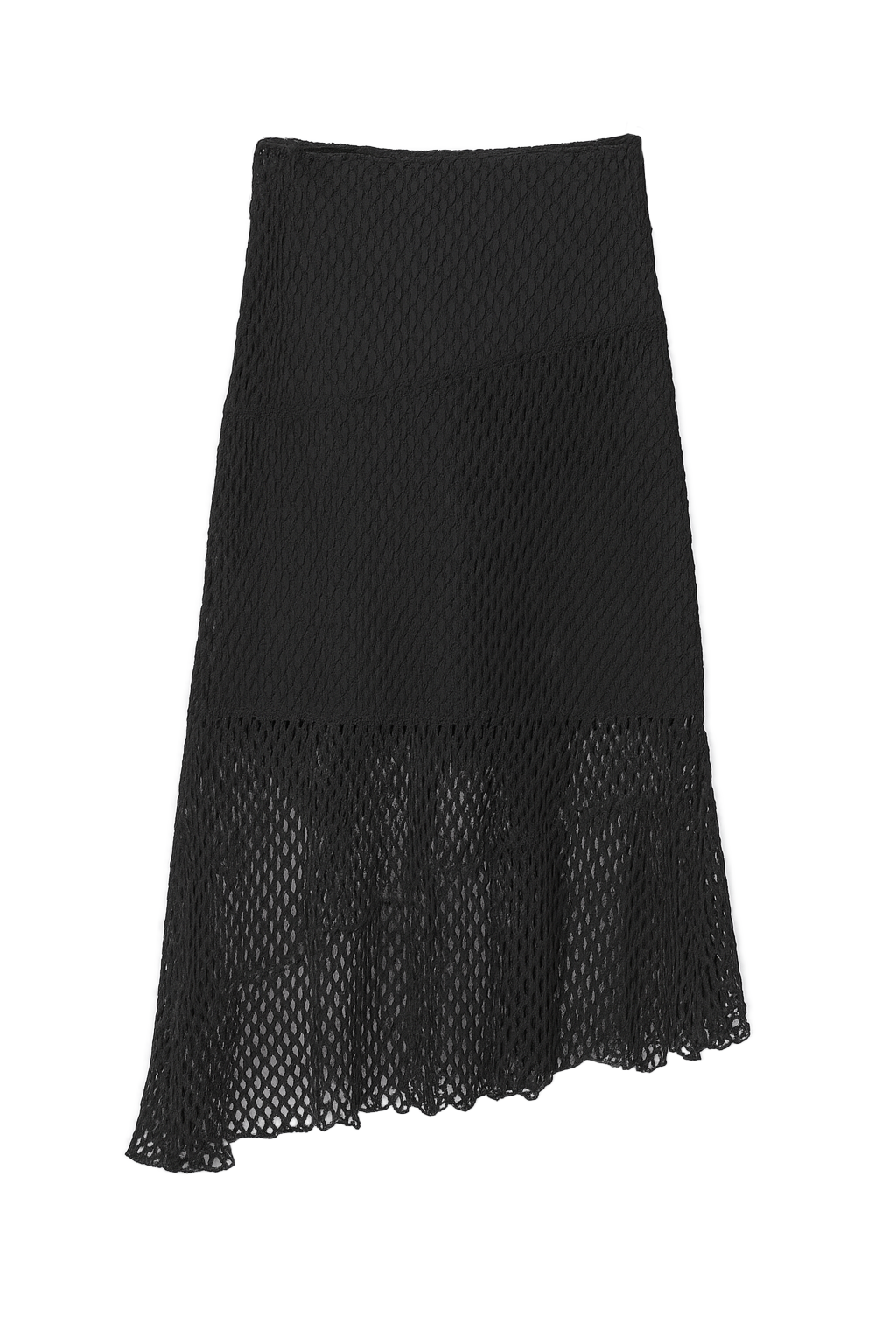 Flat image of an exquisite crochet skirt featuring an asymmetrical silhouette in black - VIR VITA
#color_black