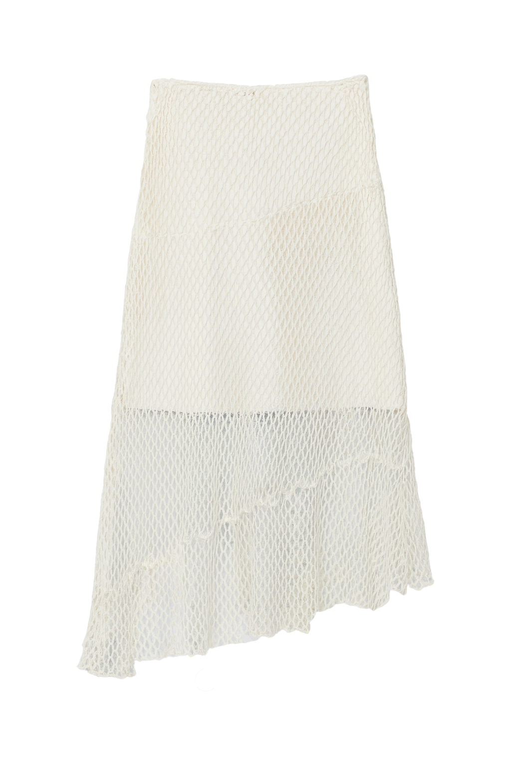 Flat image of an exquisite crochet skirt featuring an asymmetrical silhouette in white - VIR VITA
#color_coconut